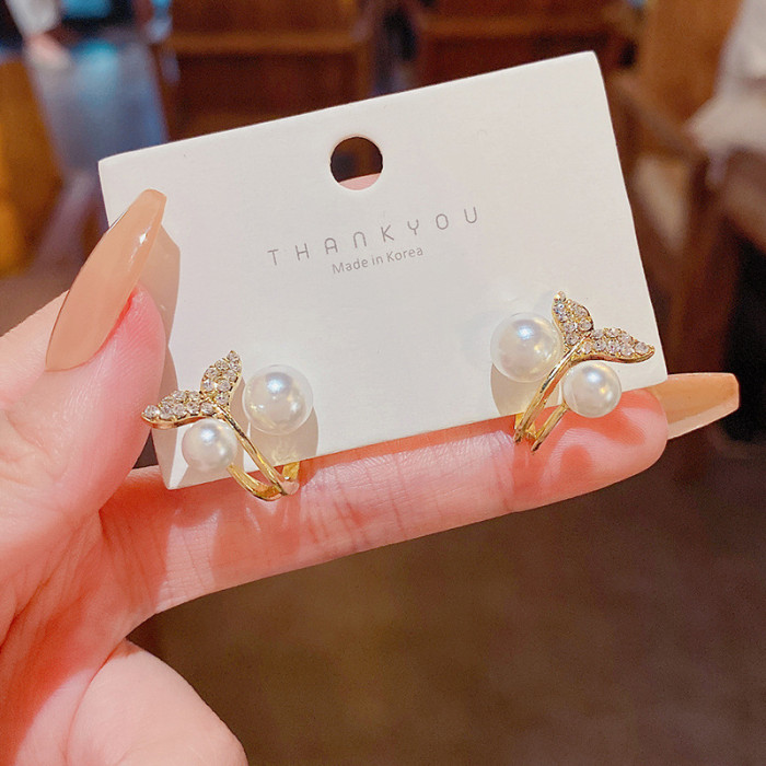 Korean Unique Pearl Crystal Flower Back Double Sided Stud Earrings for Women Ear Jackets Curved Piercing  Jewelry
