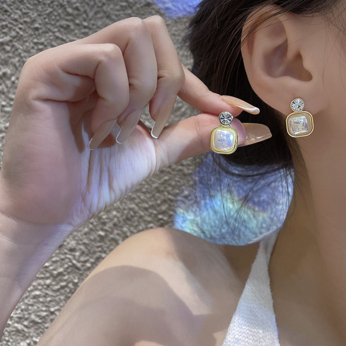 Korean Fashion Crystal Round Square Pearl Drop Earrings for Women Trendy Elegant Female Pearl Dangle Wedding Jewelry