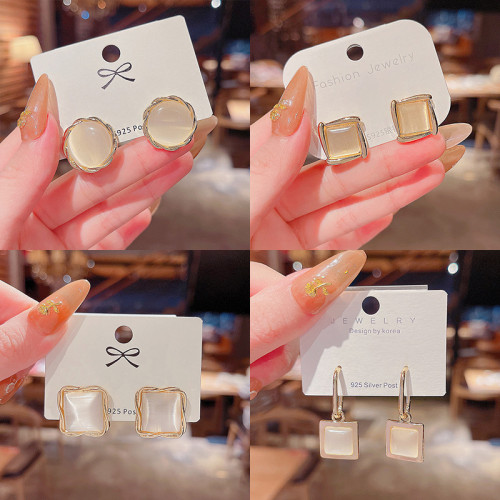 Square Gold Color Women Stud Earrings Ear Nails Natural Gem Stone Opal White Crystal Red Black Hiphop Wedding Jewelry