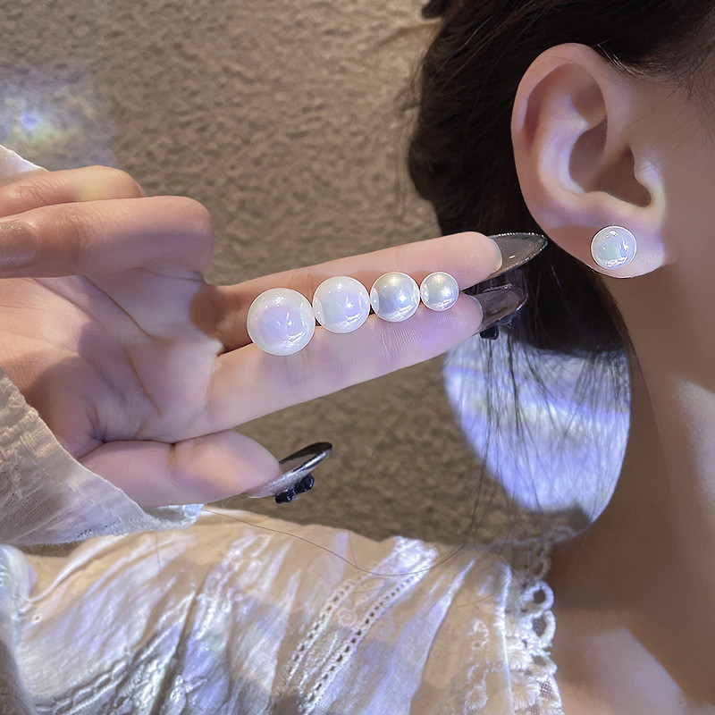 Gold Color Korean Simple Classic White Pearl Earrings for Women Stud Ear