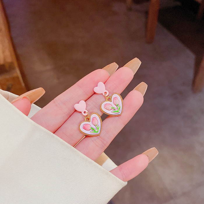 Pink Tulip Flower Heart Earrings Exquisite Vintage Spring Dangle for Women Korean Ear Ring Aesthetic Jewelry