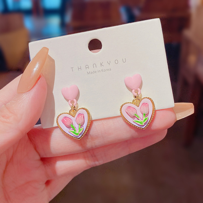 Pink Tulip Flower Heart Earrings Exquisite Vintage Spring Dangle for Women Korean Ear Ring Aesthetic Jewelry