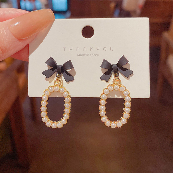 Sweet Jewelry Black Bowknot Earrings New Design Crystal Glass Simulated Pearls Heart Drop for Girl