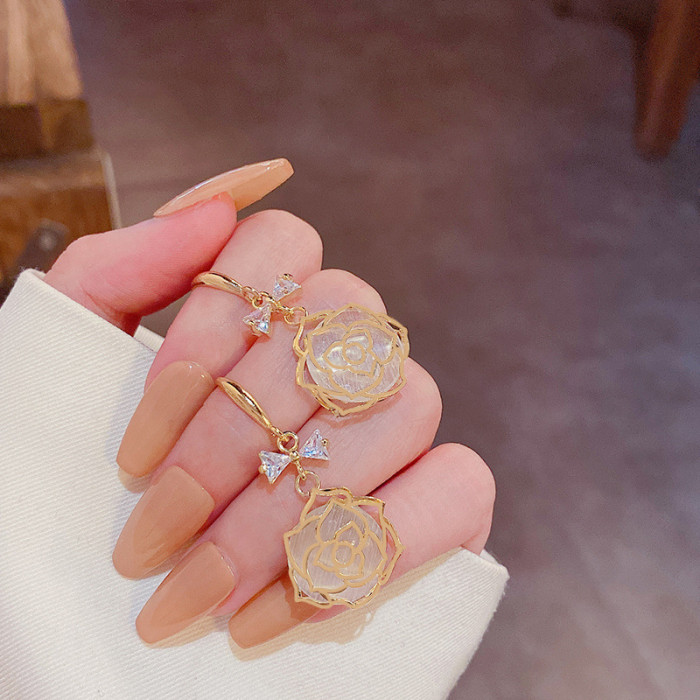 Korean Crystal Zircon Flower Pendant Earrings For Women Boho Opal Heart Dangle For Birthday Gift Party Jewelry