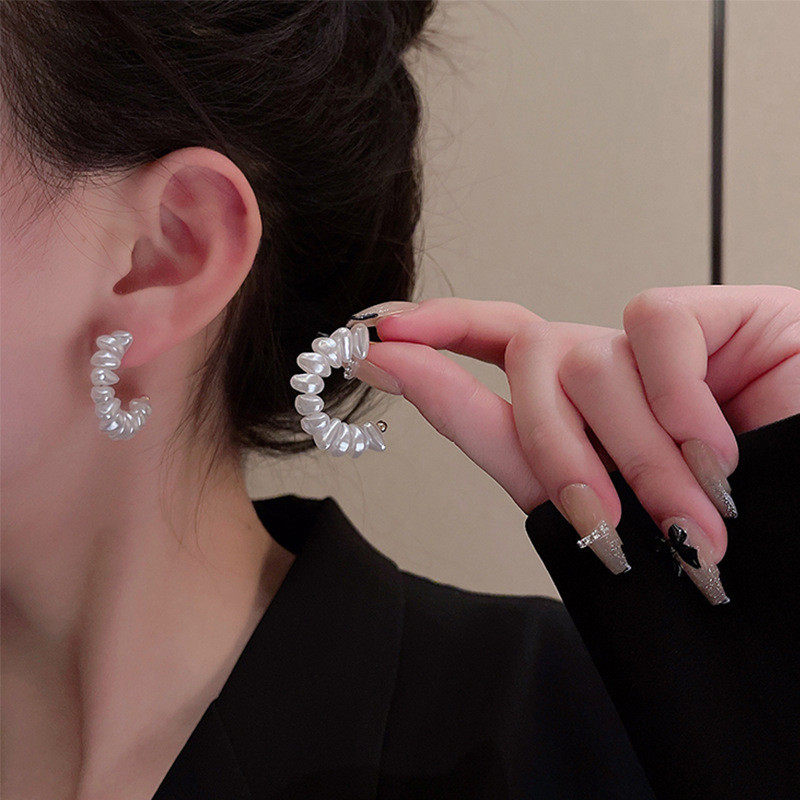 C Shape Mini Pearl Circle Hoop Earrings For Women Simple Statement Stainless Steel