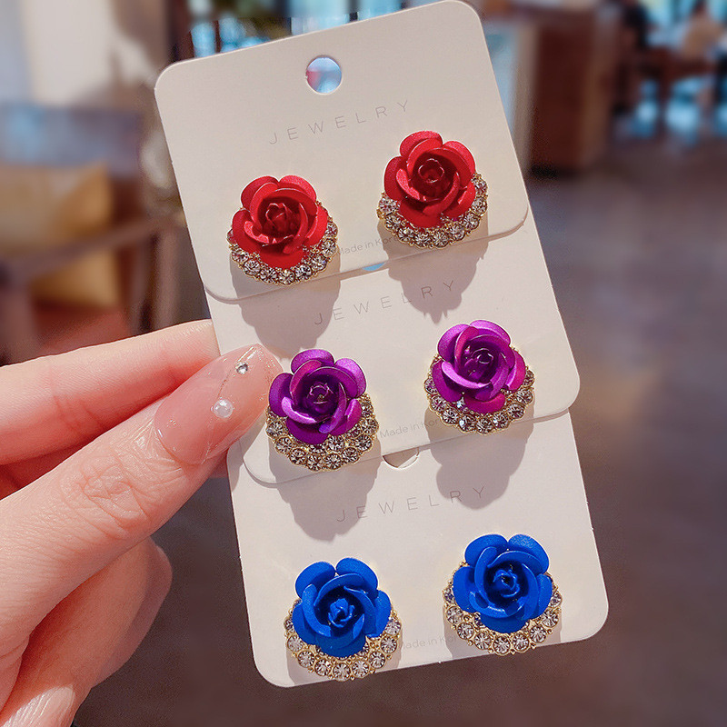 Women's Fashion Rose Flower Zircon Inlaid Stud Earrings Jewelry Gift