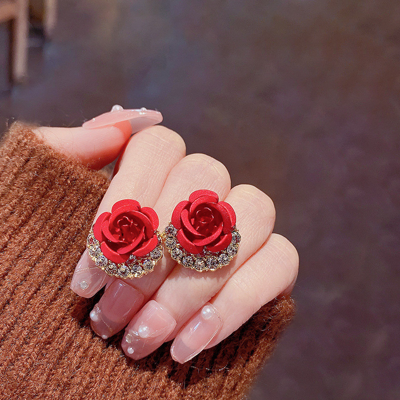 Women's Fashion Rose Flower Zircon Inlaid Stud Earrings Jewelry Gift