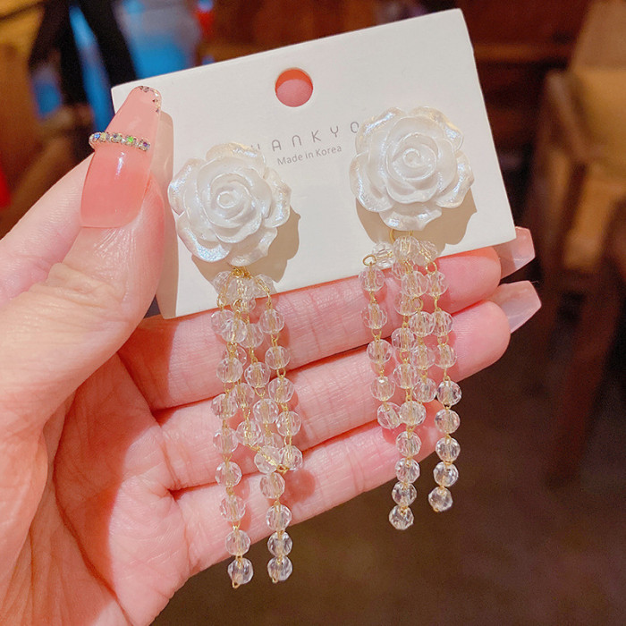 New Fashion Long Crystal Tassel Earrings Ear Clips Female Ins Temperament White Camellia for Women Lady Wedding