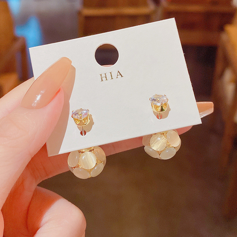 Cute Simple Transparent Crystal Opal Earrings for Women Big Shine Zircon Ball Stud Wedding Jewelry
