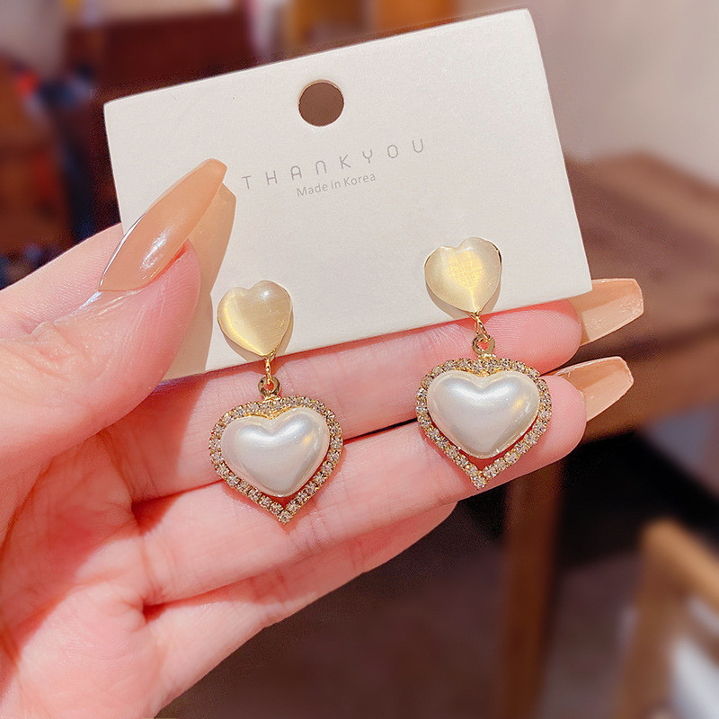New Opal Heart Earrings for Women Fashion Jewelry Delicate Zircon Pearl Dangle Female Vintage Elegant Eardrop