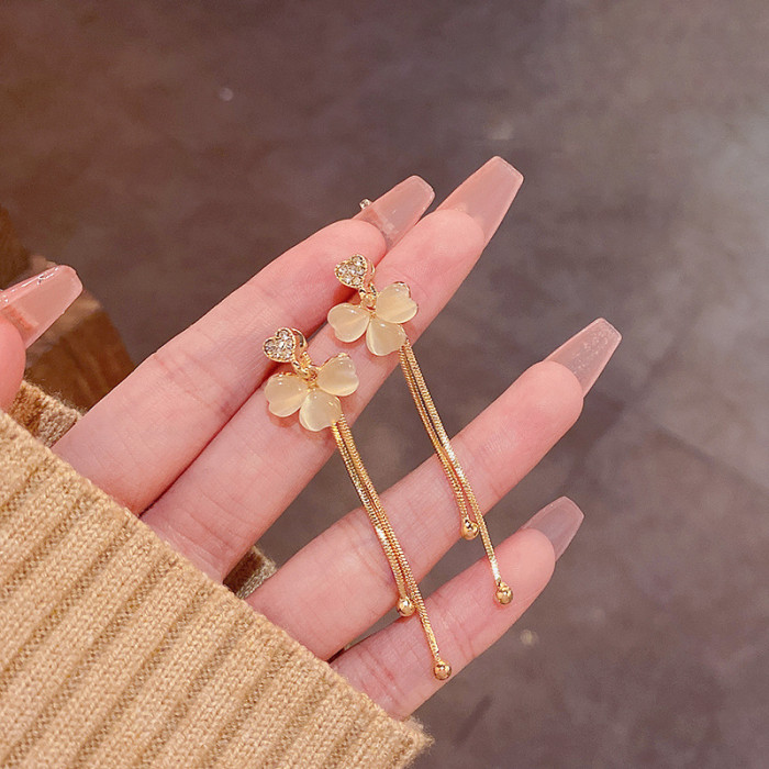 Classic Tassel Opal Crystal Flower Long Gold color Earrings Fashion Female Jewelry