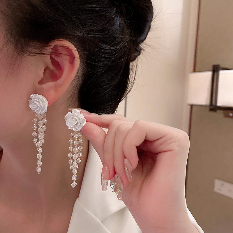 New Fashion Long Crystal Tassel Earrings Ear Clips Female Ins Temperament White Camellia for Women Lady Wedding