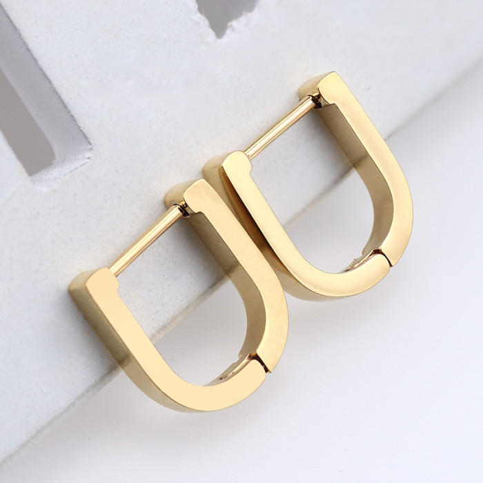 14KGold Thick Hoop Earrings with Hinged Clasp Triangle Channeled Oval U Shaped Hypoallergenic Earring Sensitive Ear Gold Earring