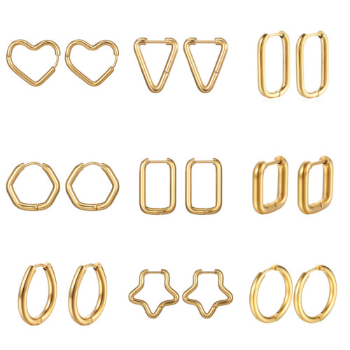 Showfay Geometric Shaped Stainless Ear Clip Fashion Five-Pointed Star Peach Heart Square Polygon Titanium Steel Hoop Earrings