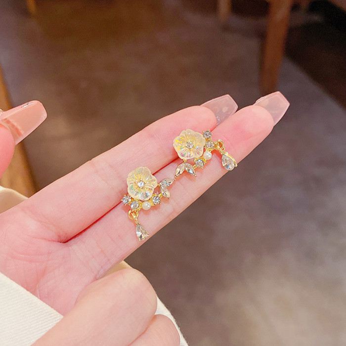 Korean Moon Pearl Zircon Stud Earrings For Women Elegant Crystal Flower Cherry Blossoms Anniversary Wedding Jewelry