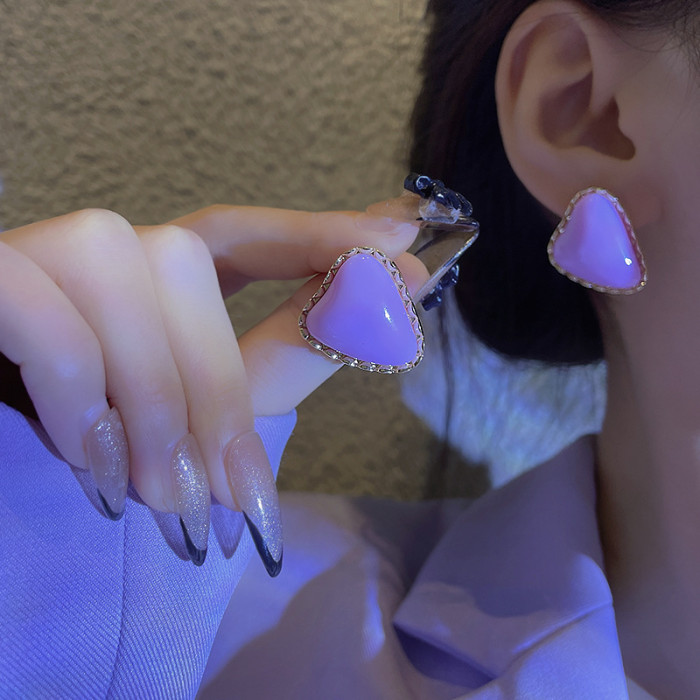 Korean Style Gentle Purple Earrings for Women Geometric Heart Circle Acrylic Exaggerated Earrings Retro Ear Studs