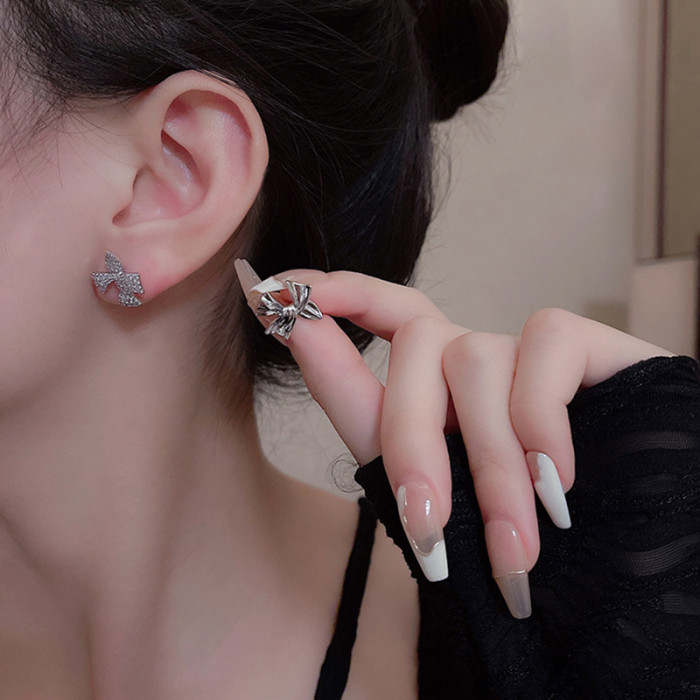 Boutique Rhinestone with Zircon Bowknot Irregular Stud Earrings Women Jewelry Fashion Girls' Ear's Accessories