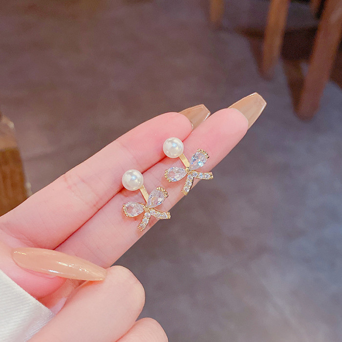 Korean Elegant Bow Imitation Pearl Earring Rhinestone Shiny Earring for Women Fashion Jewelry Bride Party Wedding Friends Gifts