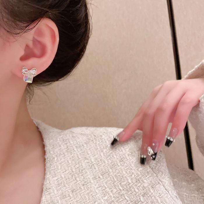 New Jewelry Fashion Transparent Color Bowknot Cube Crystal Earring Square Bow for Women Pretty Gift