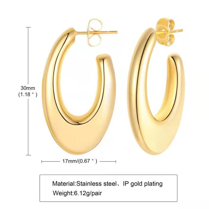 Gold Stainless Steel Hoop Earrings Jewelry Waterproof High Polished Open Geometric Hollow Oval Stud Women