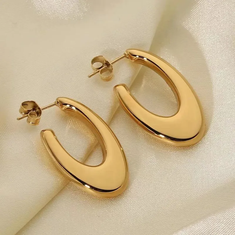 Gold Stainless Steel Hoop Earrings Jewelry Waterproof High Polished Open Geometric Hollow Oval Stud Women