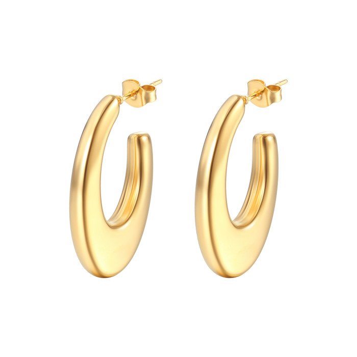Gold Stainless Steel Hoop Earrings Jewelry Waterproof High Polished Open Geometric Hollow Oval Stud Women