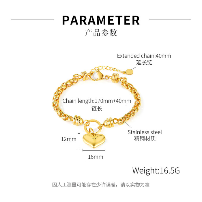 Heart Chain Bracelet Role Link for Women Stainless Steel Gold Color Love Bangle Valentine Gifts Adjustable