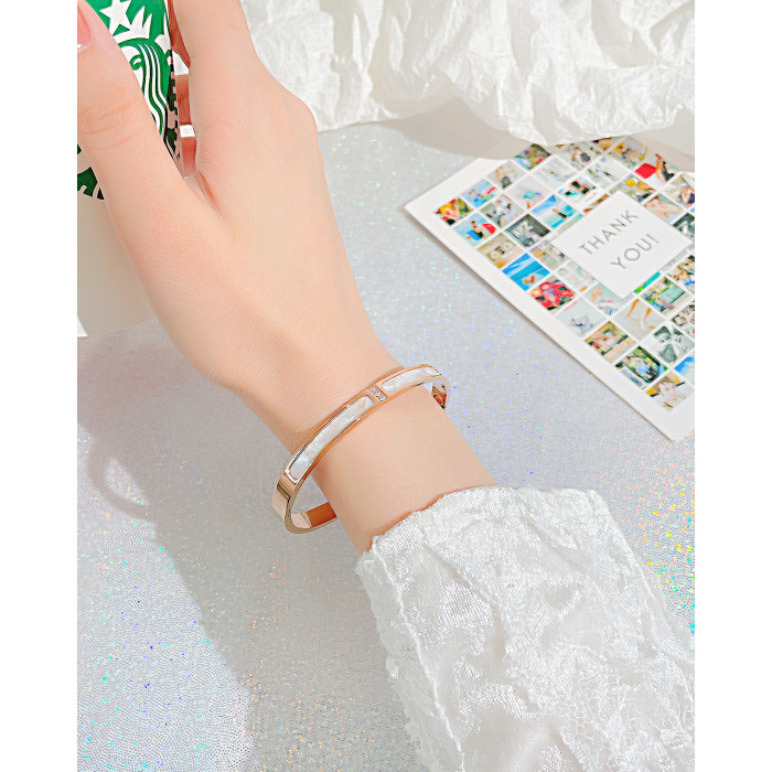 New White Shell Inlaid Zircon Ladies' Bracelet Simple Fashion Elegant Titanium Steel Plated Rose Gold Big Brand Bracelet Jewelry