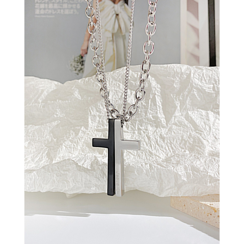 Stainless Steel Double Layer Cuban Chain Cross Pendant Necklace Men Silver Color Punk Hip hop  Necklace Jewelry