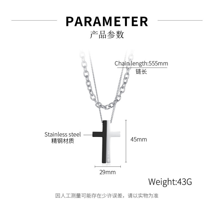 Stainless Steel Double Layer Cuban Chain Cross Pendant Necklace Men Silver Color Punk Hip hop  Necklace Jewelry