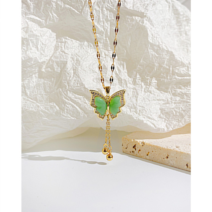 Ornament Luxury Retro Green Tassel Butterfly Necklace Elegant Stainless Steel Chain Necklace