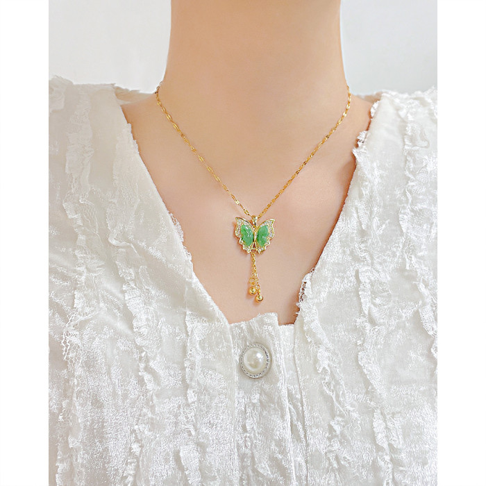 Ornament Luxury Retro Green Tassel Butterfly Necklace Elegant Stainless Steel Chain Necklace