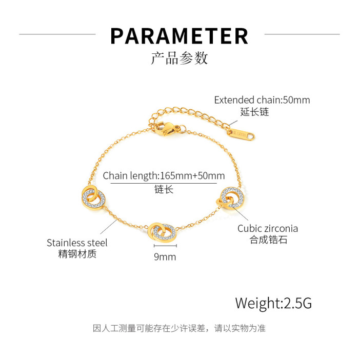 Gold Plated Stainless Steel Harmony Interlocking Circles Bracelets for Sister Gifts Hammered Double Ring Jewelry