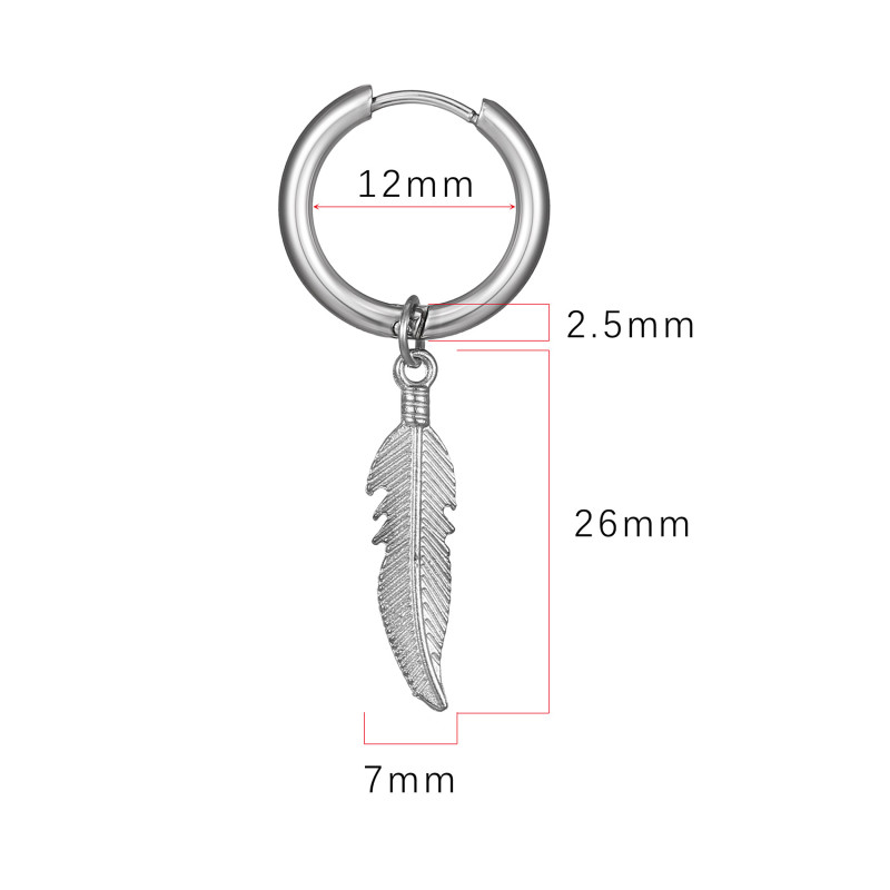 Korean Style Punk Men's Feather Pendant Titanium Steel Ear Clip Simple Wind Black Trendy Stainless Steel Hoop Earrings