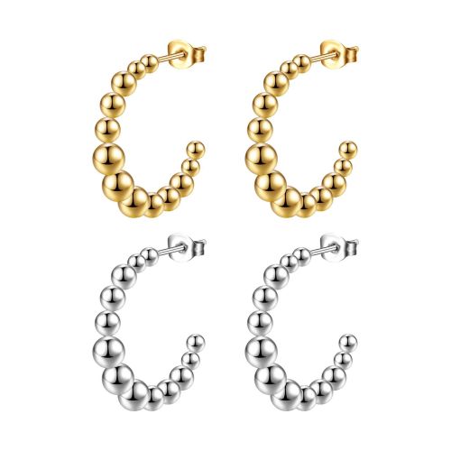 INS Style Titanium Steel Bead Earrings Women's Fashion Gold C Shaped Welding Bead Stainless Steel Trendy Hoop Earring