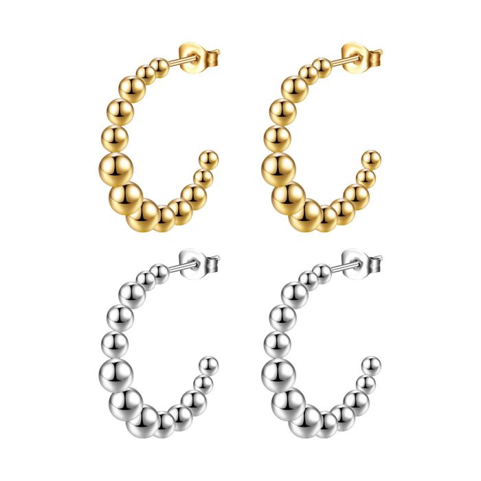 INS Style Titanium Steel Bead Earrings Women's Fashion Gold C Shaped Welding Bead Stainless Steel Trendy Hoop Earring