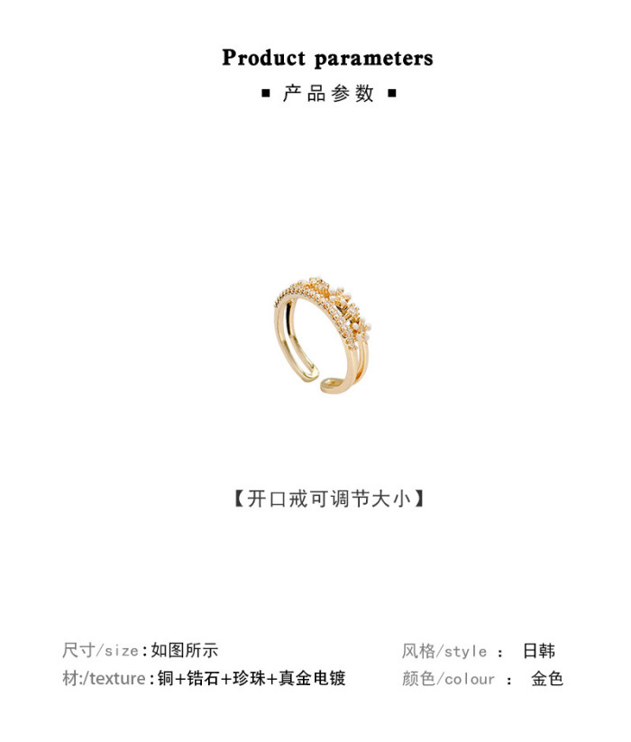 Zircon Flower Rings for Women Double Layered Open Adjustable Stainless Steel Romantic Wedding Jewelry