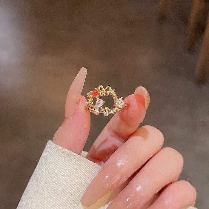 Korean New Exquisite Zircon Rings for Women Sweet French Butterfly Flower Leaves Heart Shape Opening Ring Party Wedding Jewelry