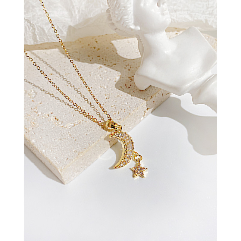 Luxury Diamond Moon Tassel Pendant Fashion Stainless Steel Necklace for Women