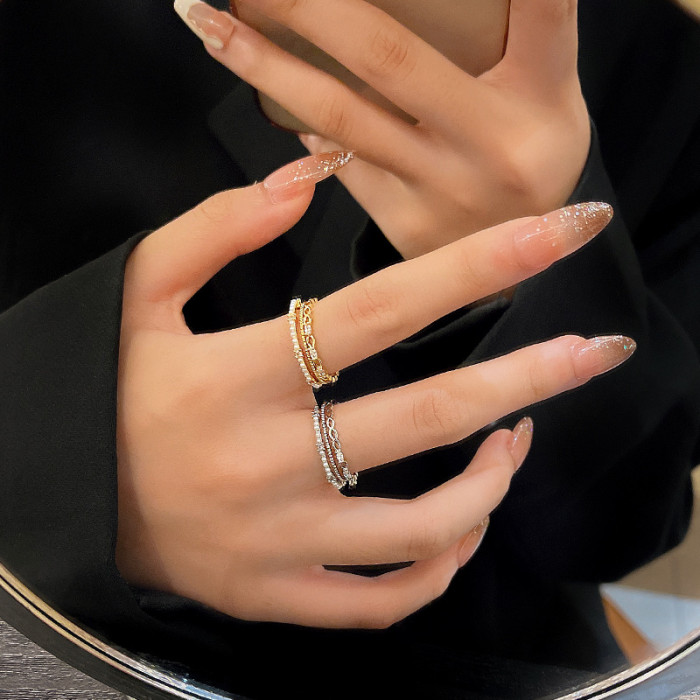 2022 New Creative Pearl Zircon Open Ring for Woman Fashion Double Layer Luxury Wedding Party Minimalist Jewelry Gifts