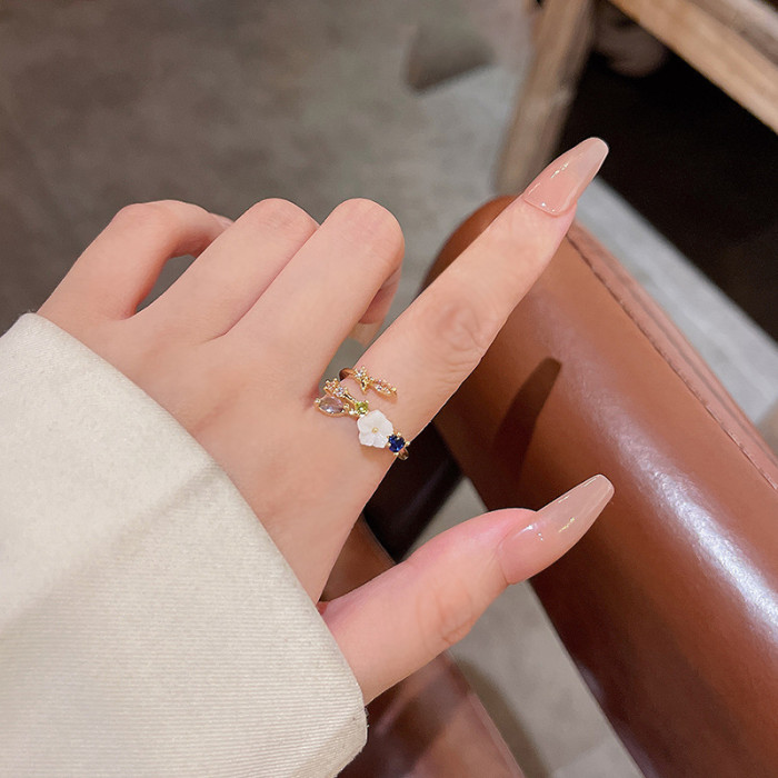 2022 Korean Delicate New Pearl Flower Leaf Ring Fashion Style Simple Versatile Open Ring Elegant Women's Jewelry