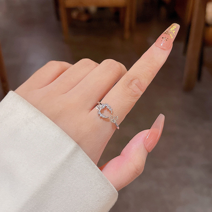 Cute Moon and Star Adjustable Silver Color Rings with Zircon Bling Stone Women Fashion Wedding Engagement Jewelry