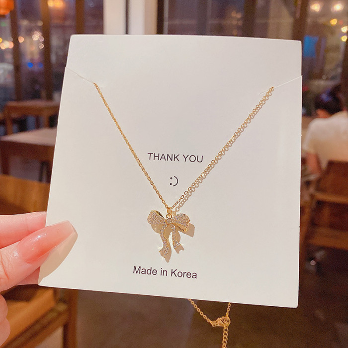 Fashion Creative Zircon Bow Necklace Gold-plated Pendant Engagement  for Women Bow Jewelry Birthday Anniversary Gift