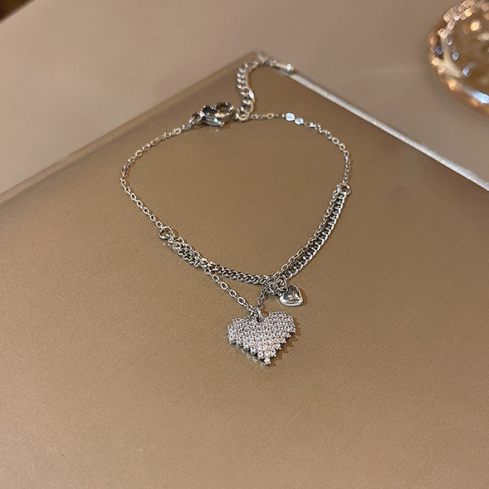 Double Layer Titanium Steel Love Heart Couple Bracelet Clasp Zircon Friendship Fashion Jewelry  h281