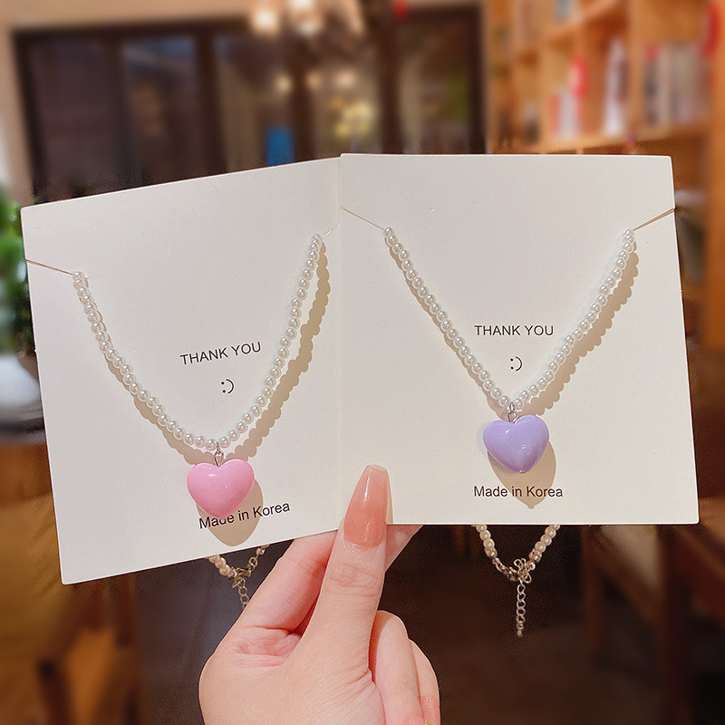 Colorful Heart Pearl Necklaces for Girl Cute Pendants Accessories Jewelry Children Gift Fashion for Kid