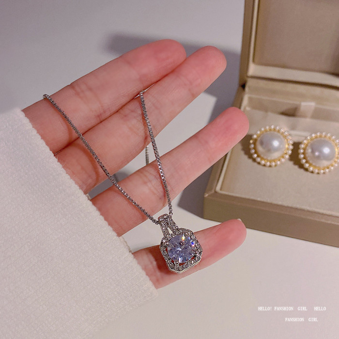 Gorgeous Female Gift Set 925 Silver Needle Square Zircon Pendant Necklace Wedding Jewelry