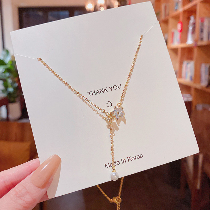 Silver Color Zircon Pearl Flower Tassel Necklace Female Simple Sweet Fashion Clavicle Chain Gifts