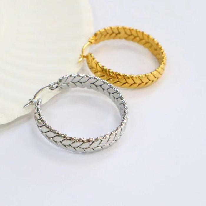 Fashion Titanium Steel Round Earrings 18K Gold Stainless Steel Wheat Geometric Circle Women's  Hoop Earring