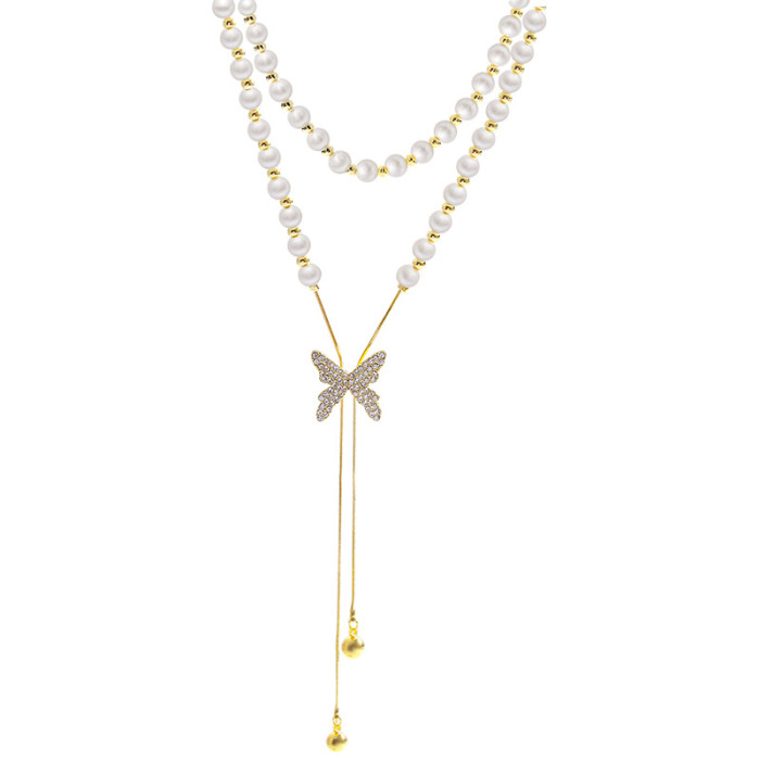 New Korean Trendy Zircon Pearl Long Tassel Color Butterfly Pendant Collar Necklace for Women Summer Travel Jewelry