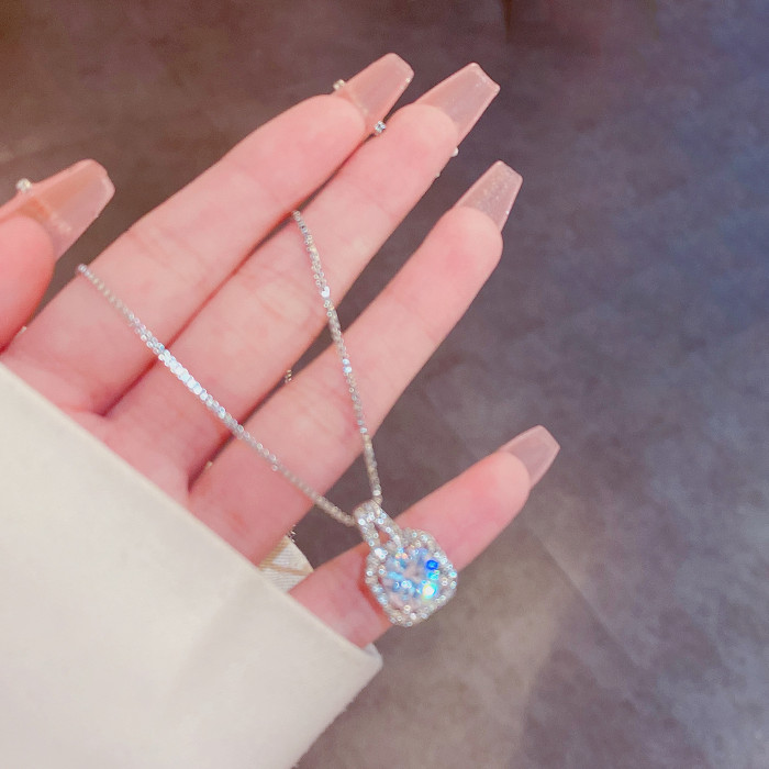 Gorgeous Female Gift Set 925 Silver Needle Square Zircon Pendant Necklace Wedding Jewelry